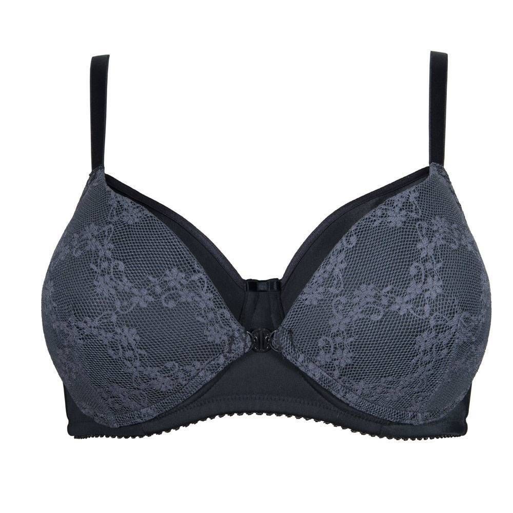 Soutien-gorge gris avec dentelle. Bretelles réglables, armatures. Vue détaillée.