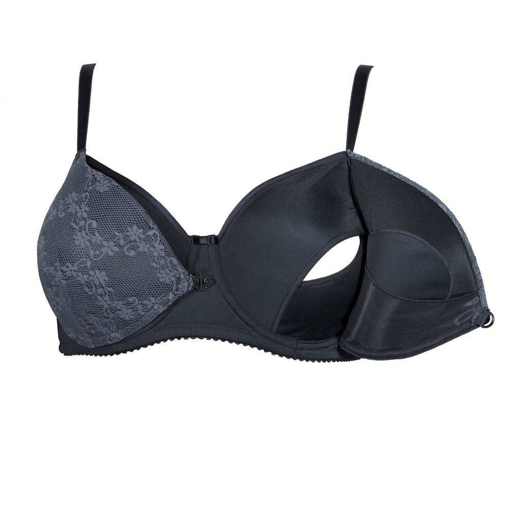 Soutien-gorge gris avec dentelle. Design ouvert, détail de l'intérieur.