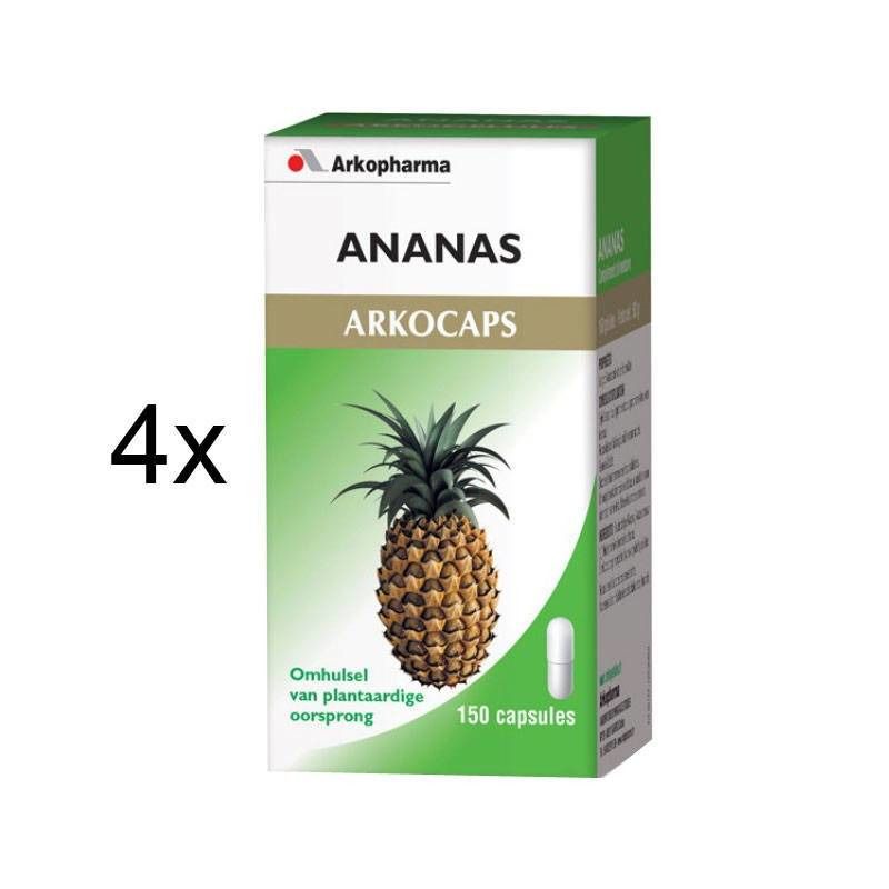 Boîte "Ananas Arkocaps". Illustration d'ananas et gélule. Texte: "150 capsules" et "4x".