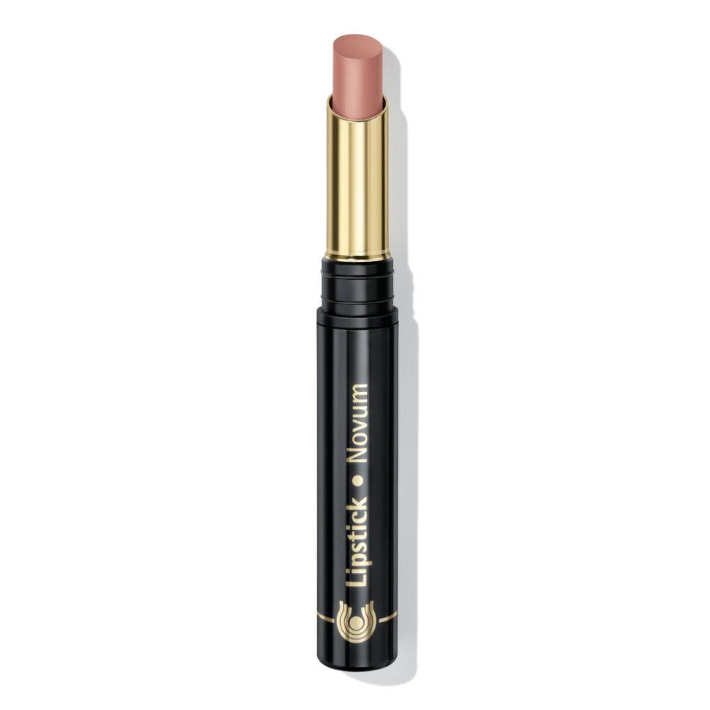 Lippenstift Novum, rosa. Schwarze Hülse mit goldfarbenen Details. Schriftzug: Lipstick Novum. Produktansicht.