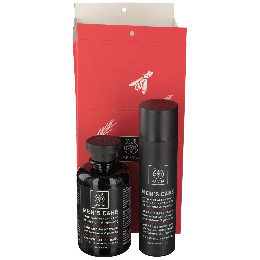 Geschenkset mit zwei schwarzen Flaschen und roter Verpackung. Aufschrift: Men's Care, Hair and Body Wash, After Shave Balm.