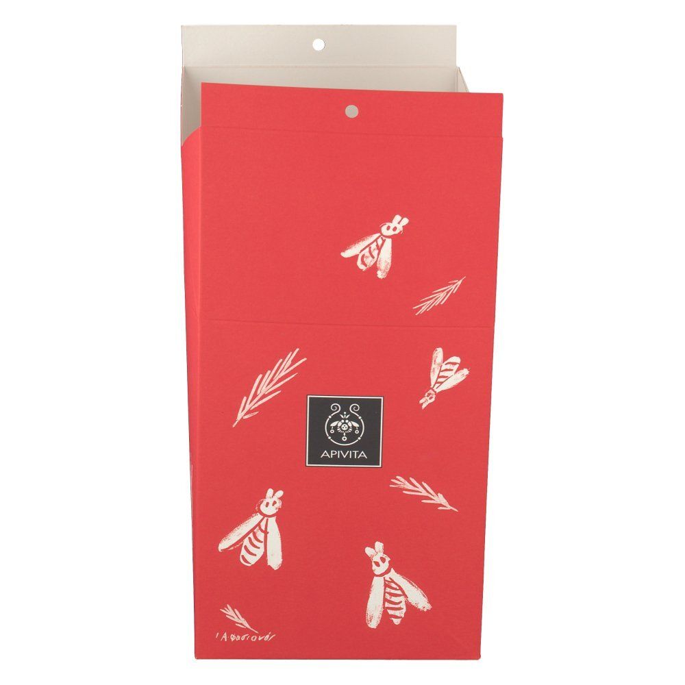 Rote Geschenkbox mit Bienen- und Zweig-Illustrationen. Logo: Apivita.