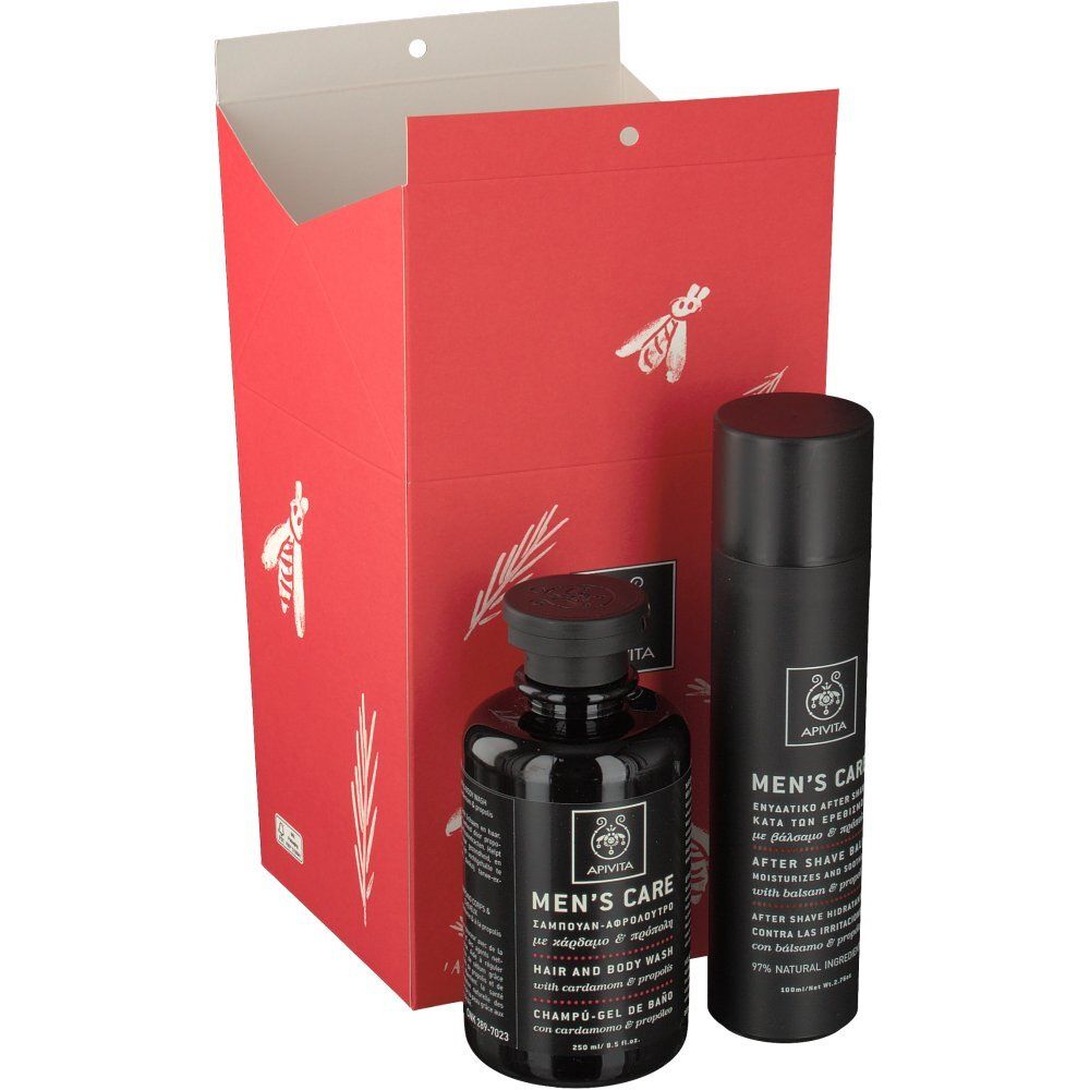 Geschenkset mit zwei schwarzen Flaschen und roter Verpackung. Aufschrift: Men's Care, Hair and Body Wash, After Shave Balm.