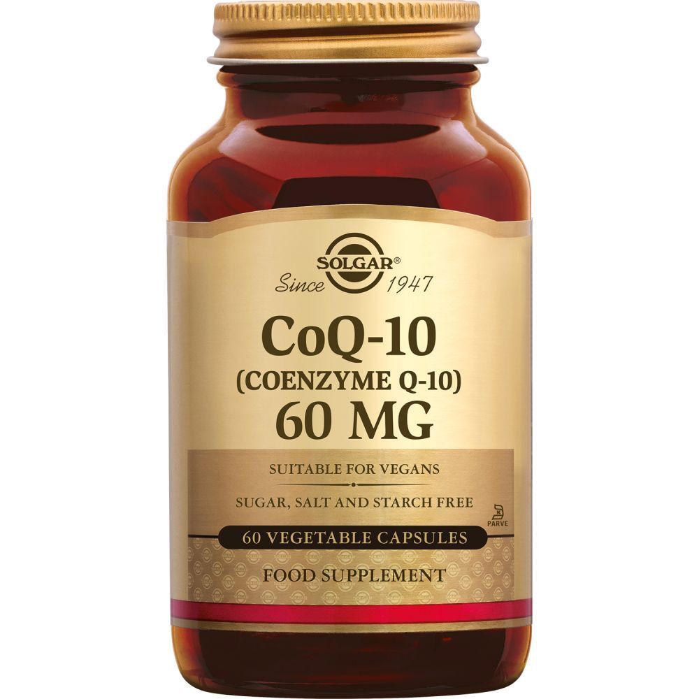 Flacon en verre brun avec couvercle doré. L'étiquette indique : CoQ-10 60 MG, convient aux végétaliens, 60 gélules.