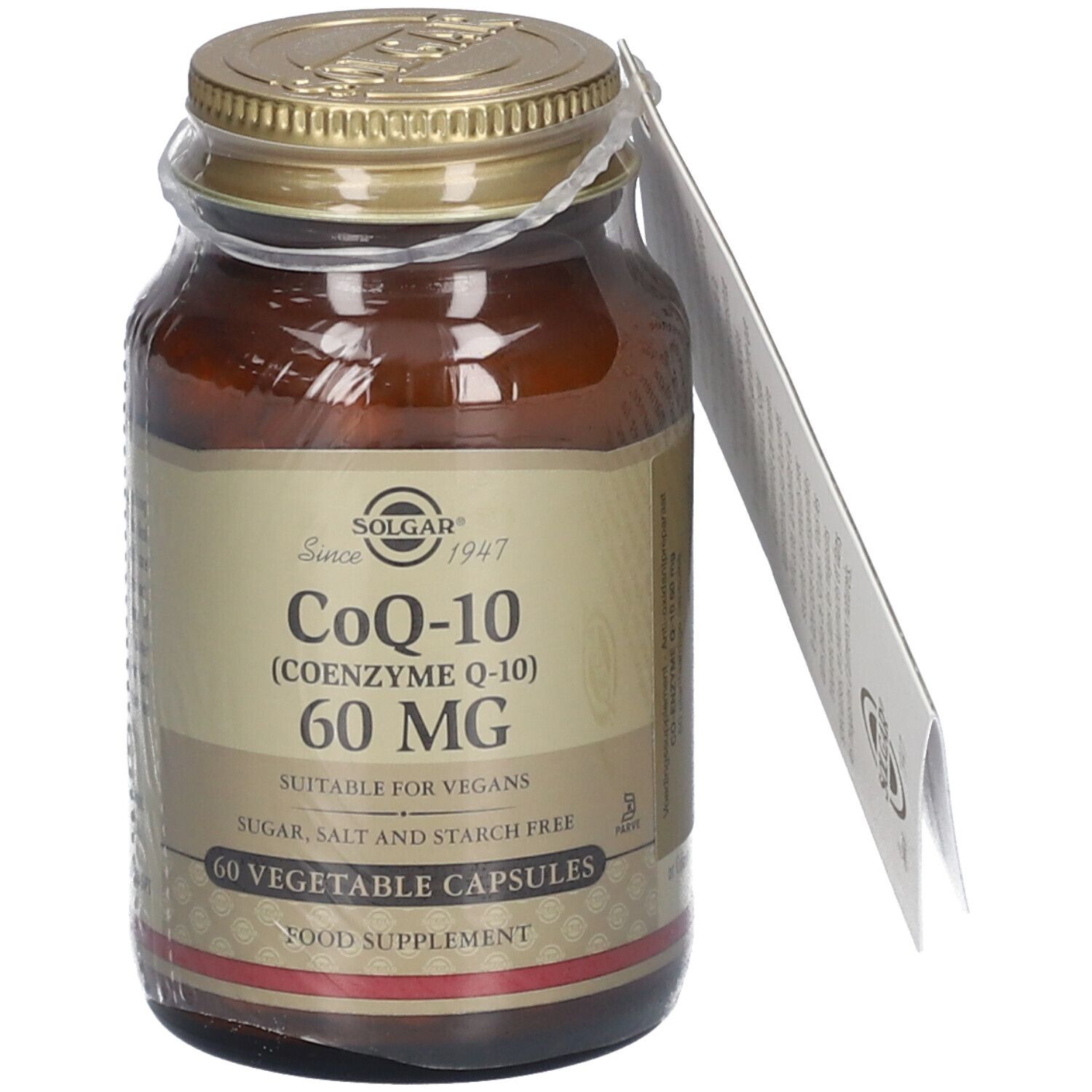 Braune Glasflasche mit goldfarbenem Deckel und Etikett. Auf dem Etikett steht: CoQ-10 60 MG, geeignet für Veganer, 60 Kapseln.