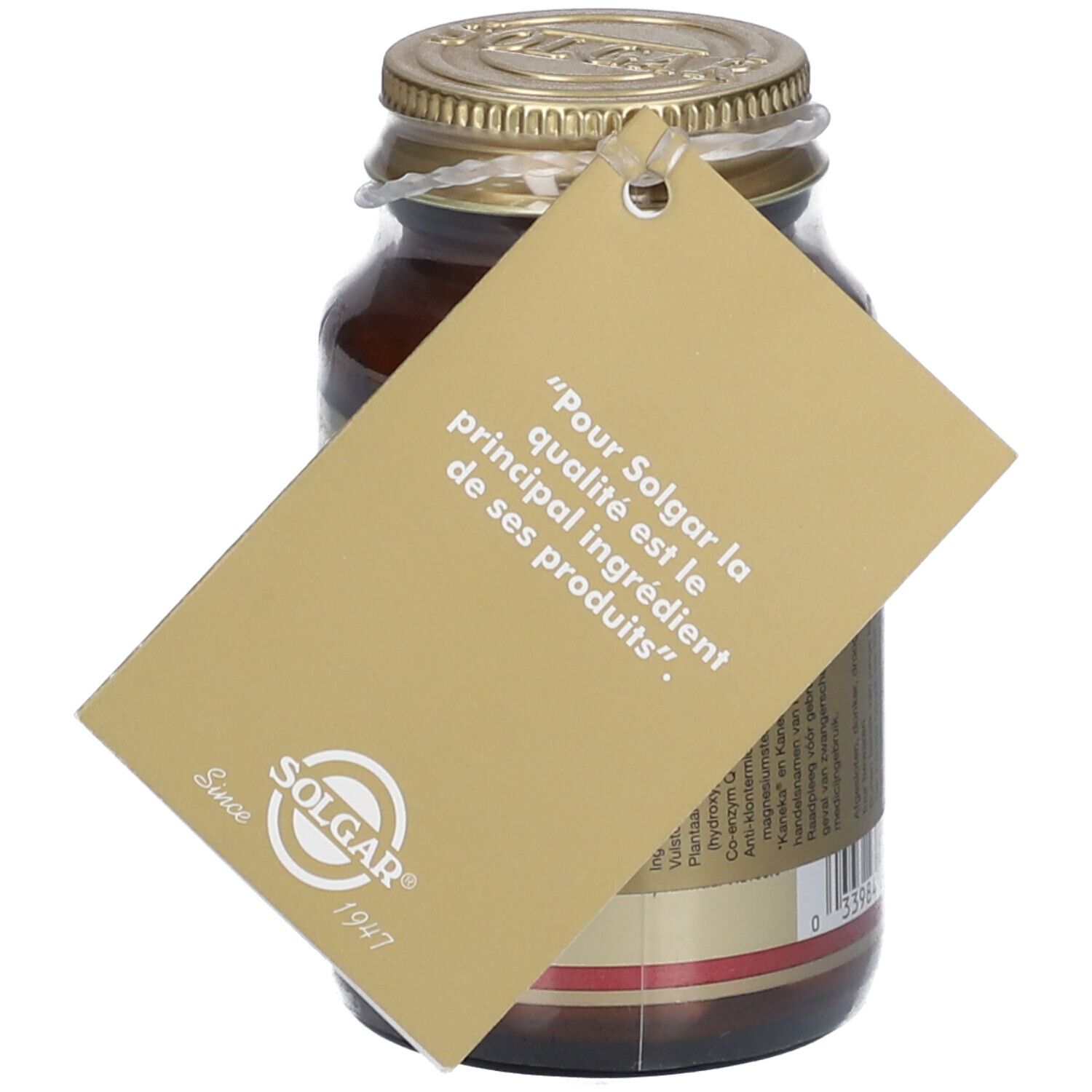 Braune Glasflasche mit goldfarbenem Deckel und Etikett. Auf dem Etikett steht: CoQ-10 60 MG, geeignet für Veganer, 60 Kapseln.