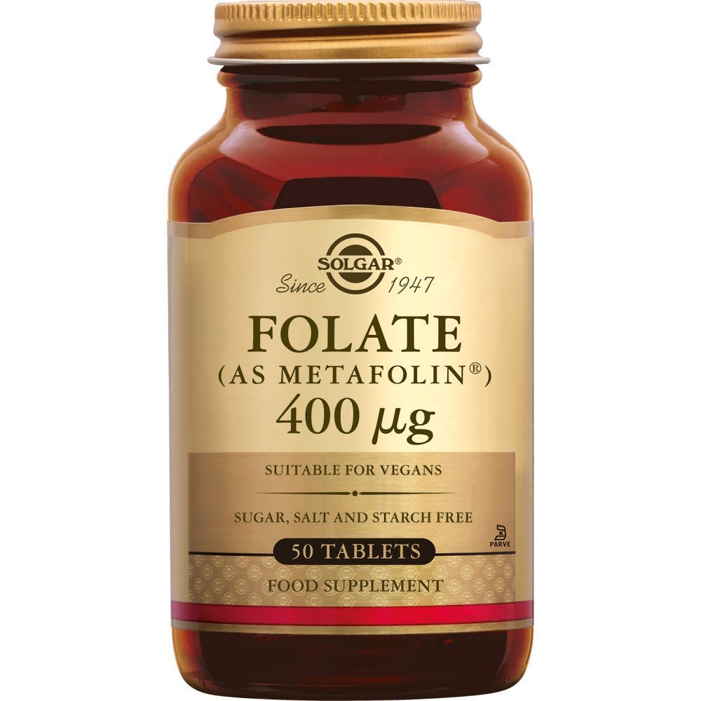Flacon brun, bouchon doré. Étiquette SOLGAR, FOLATE (AS METAFOLIN) 400 µg, 50 comprimés.