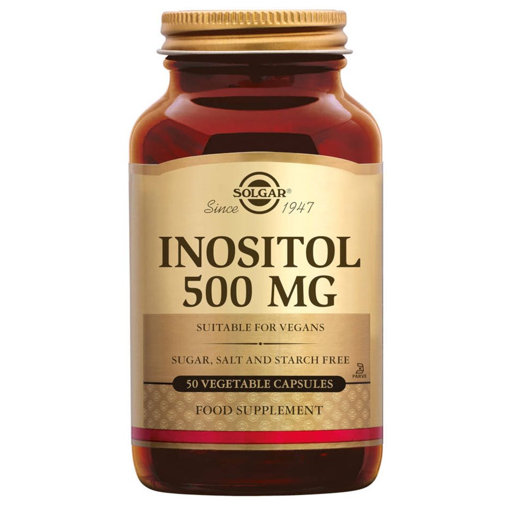 Flacon en verre brun avec étiquette. Inositol 500 mg Solgar. Convient aux végétaliens. 50 gélules.