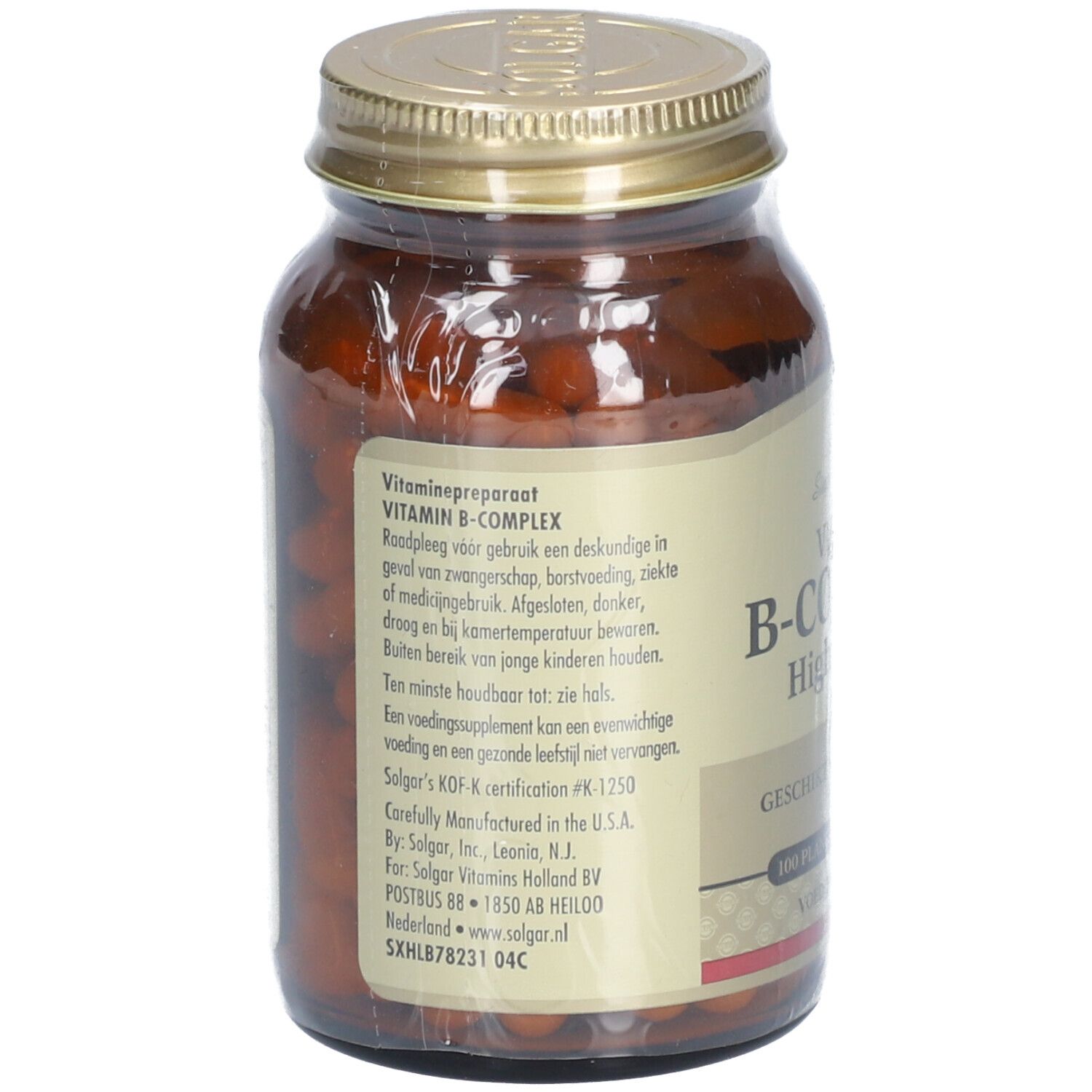 Dos du flacon en verre brun. Texte : Vitamin B-Complex. Informations d'utilisation. Informations fabricant. Certification KOF-K.