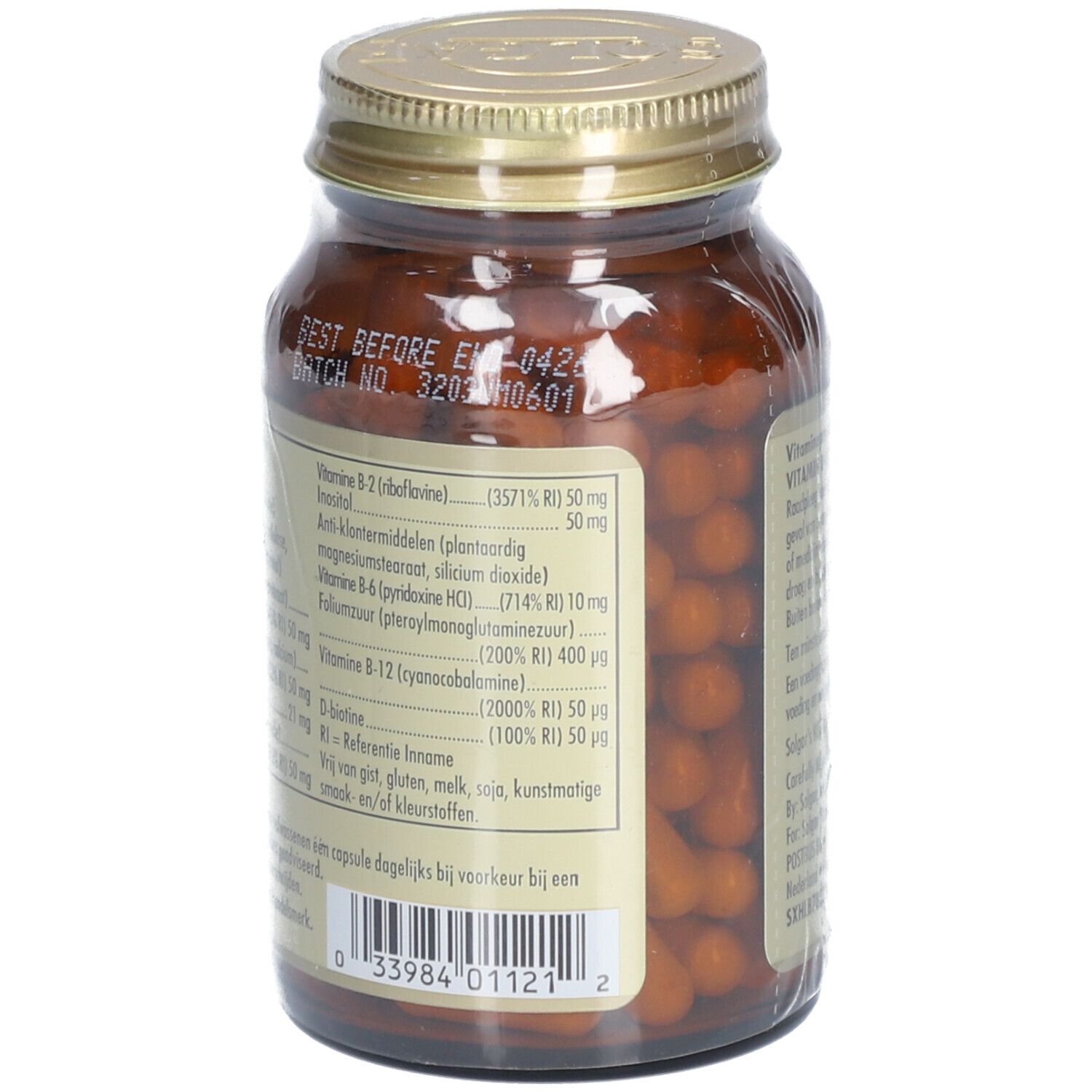 Dos du flacon avec liste des ingrédients. Liste des vitamines B2, B12, D, etc. Date de péremption. Numéro de lot.