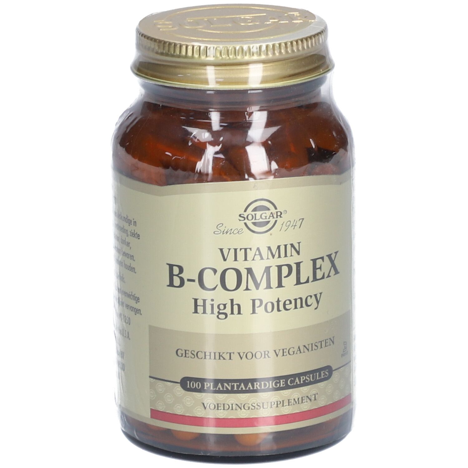 Flacon en verre brun avec couvercle doré. Inscription : Vitamin B-Complex, High Potency. Convient aux végétaliens. 100 gélules végétales.