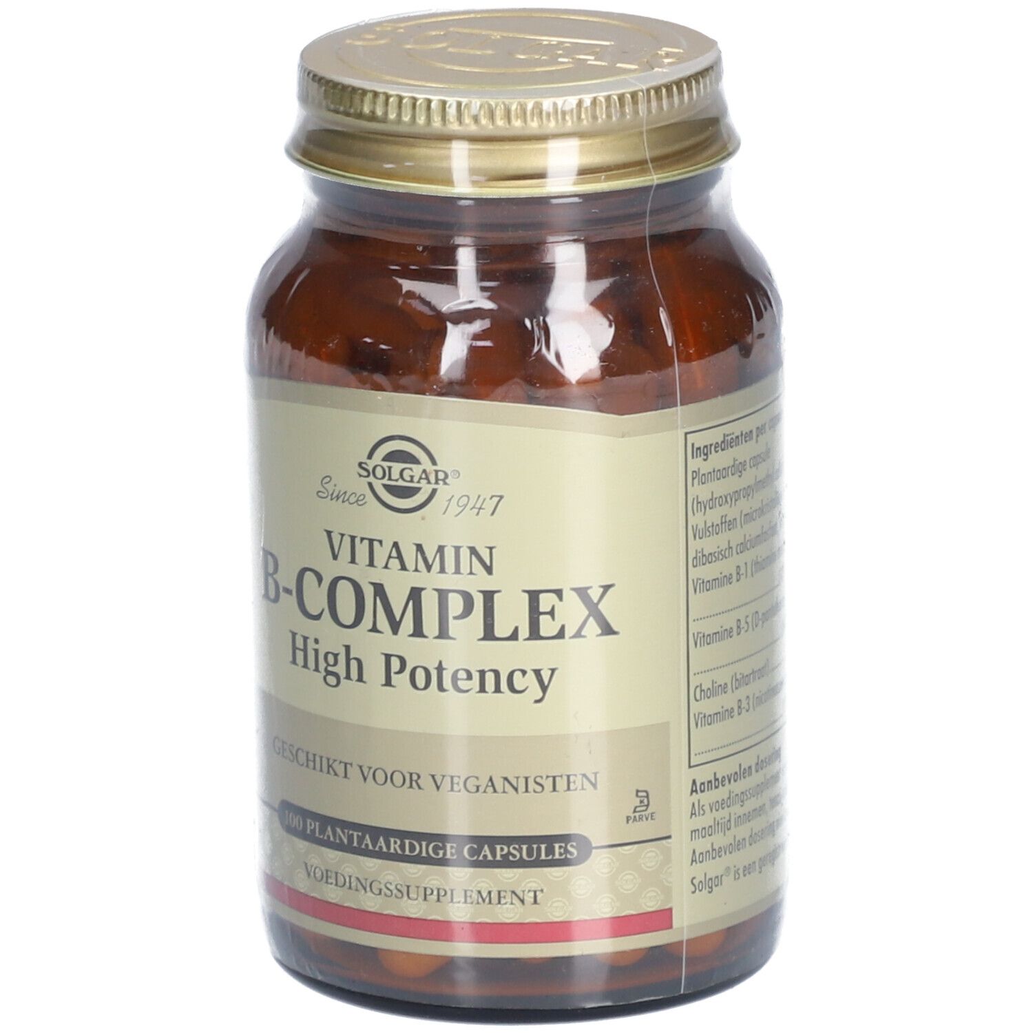 Flacon en verre brun avec couvercle doré. Inscription : Vitamin B-Complex, High Potency. Convient aux végétaliens. 100 gélules végétales.