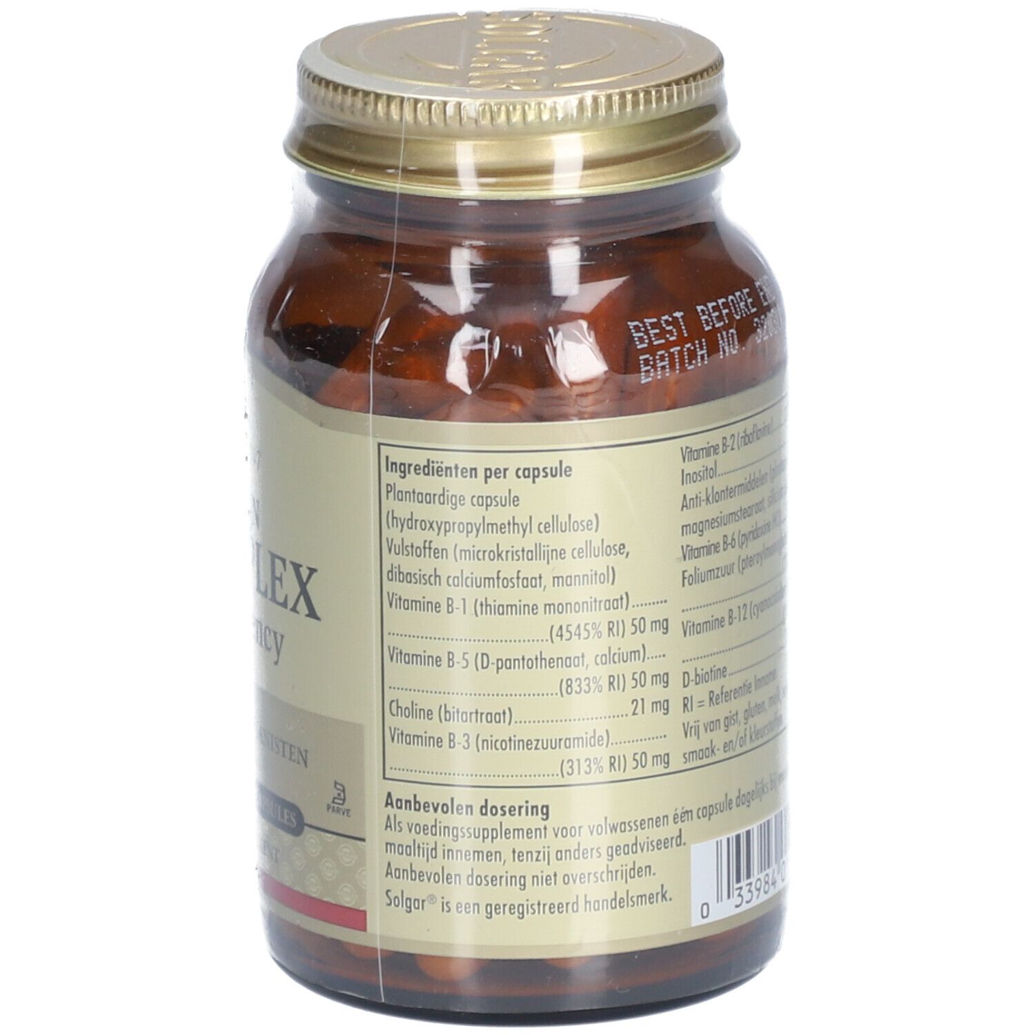 Dos du flacon avec liste des ingrédients. Liste des vitamines B1, B3, B5, etc. Recommandations posologiques. Numéro de lot.