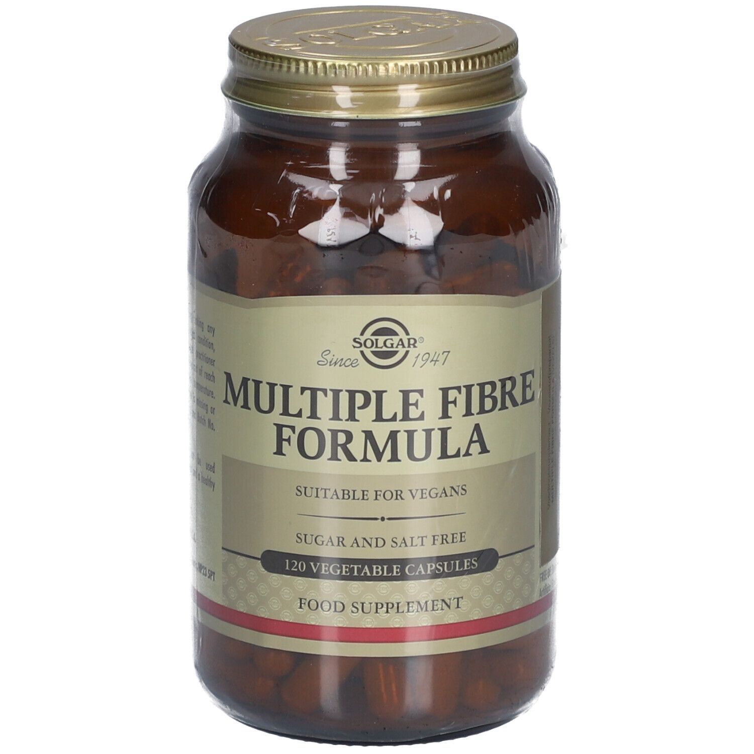 Braune Glasflasche mit goldfarbenem Deckel. Etikett mit Produktnamen, Marke und Inhaltsangaben. 120 Kapseln.