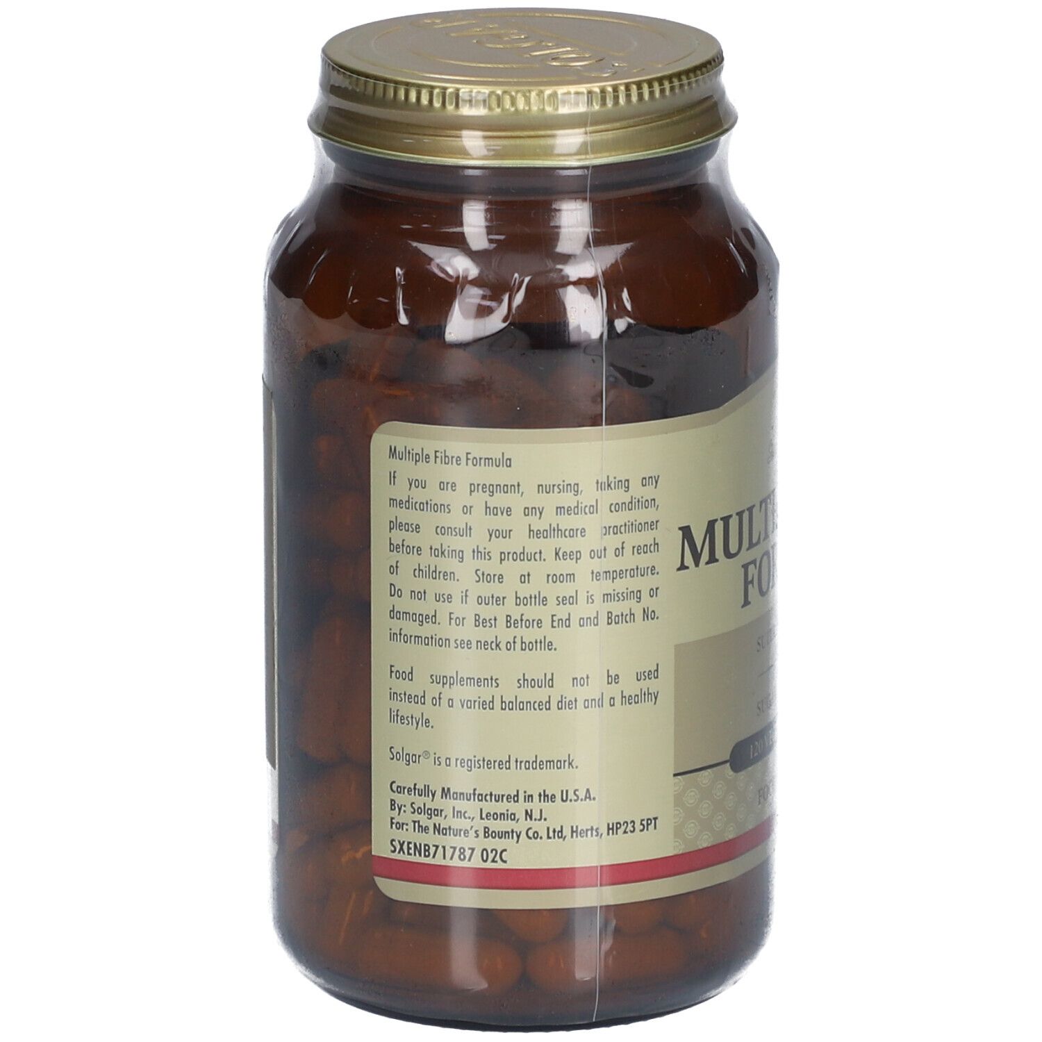 Rückseite einer braunen Glasflasche mit goldfarbenem Deckel. Etikett mit Produktinformationen und Marke.