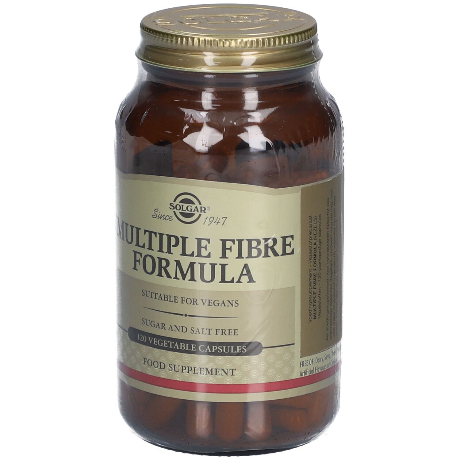 Braune Glasflasche mit goldfarbenem Deckel. Etikett mit Produktnamen, Marke und Inhaltsangaben. 120 Kapseln.