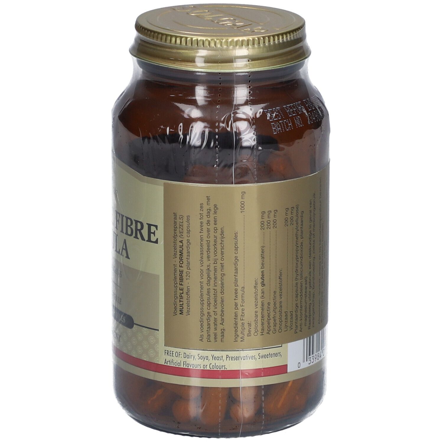 Rückseite einer braunen Glasflasche mit goldfarbenem Deckel. Etikett mit Produktinformationen und Inhaltsstoffen.