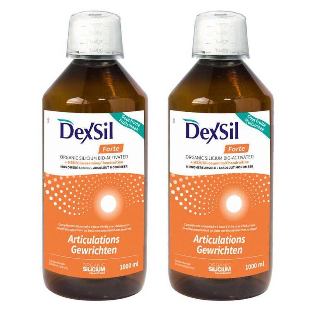 Zwei Flaschen Dexsil Forte. Braune Flüssigkeit in transparenten Flaschen. Aufschrift: Articulations Gewrichten, 1000 ml.