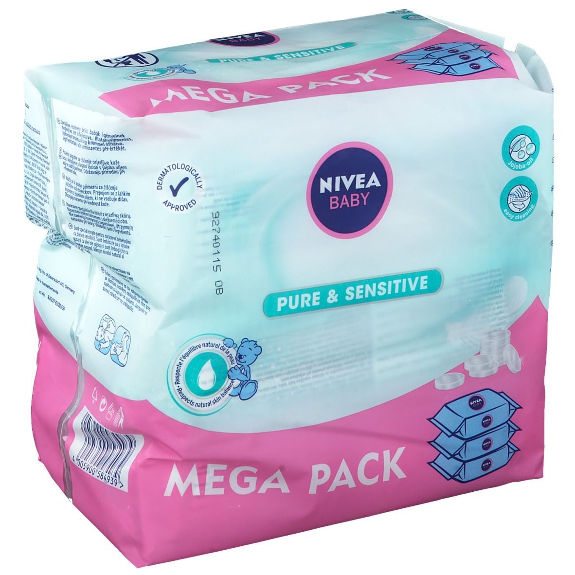 NIVEA Baby Pure & Sensitive Mega Pack. Rosa-weiß Verpackung. Aufdrucke: Baby, Pure & Sensitive, dermatologisch getestet.