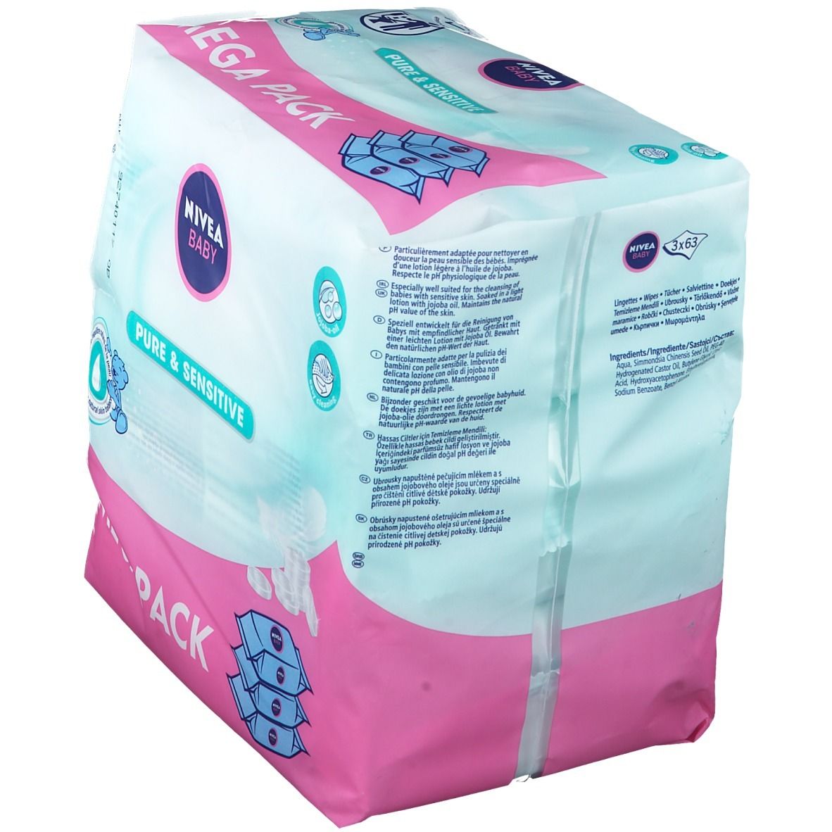 NIVEA Baby Pure & Sensitive Mega Pack. Rosa-weiß Verpackung. Aufdrucke: Baby, Pure & Sensitive. Rückseite mit Text.