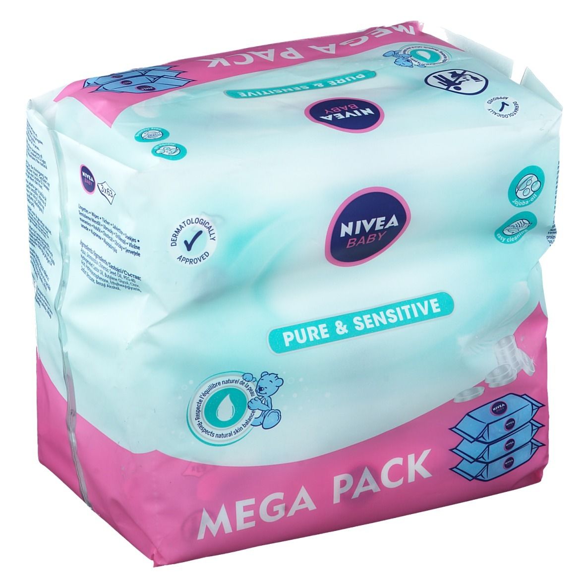 NIVEA Baby Pure & Sensitive Mega Pack. Rosa-weiß Verpackung. Aufdrucke: Baby, Pure & Sensitive, dermatologisch getestet.