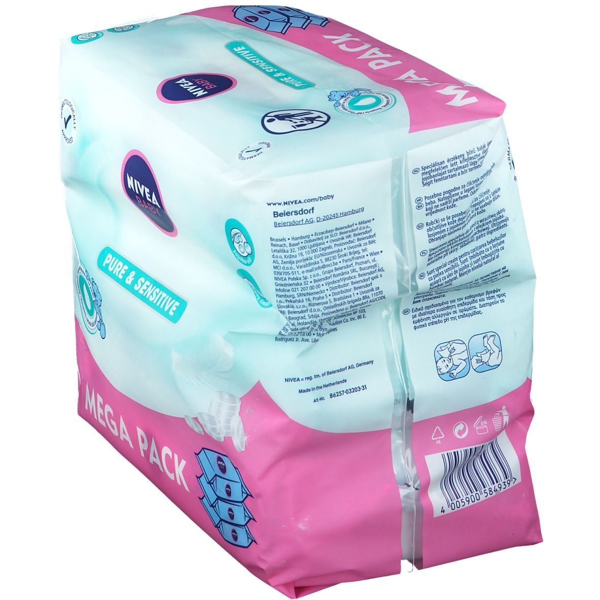 NIVEA Baby Pure & Sensitive Mega Pack. Rosa-weiß Verpackung. Aufdrucke: Baby, Pure & Sensitive. Rückseite mit Text.