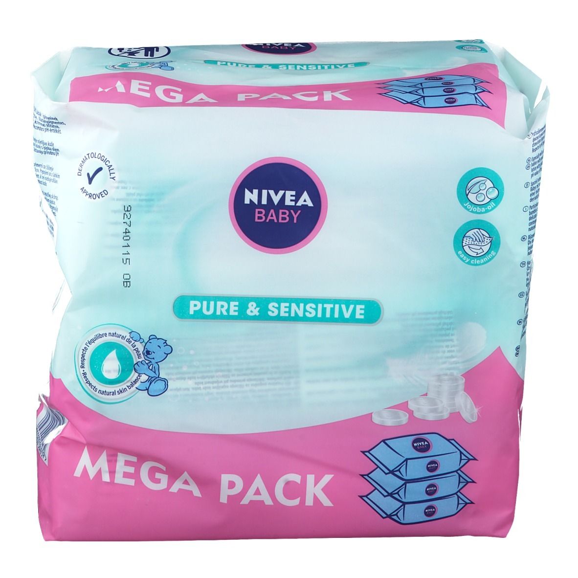 NIVEA Baby Pure & Sensitive Mega Pack. Rosa-weiß Verpackung. Aufdrucke: Baby, Pure & Sensitive, dermatologisch getestet.