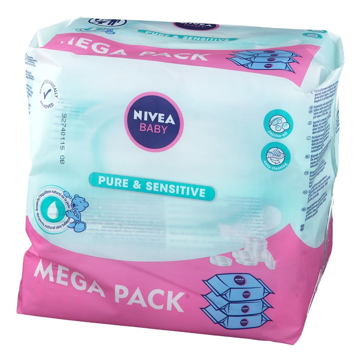 NIVEA Baby Pure & Sensitive Mega Pack. Rosa-weiß Verpackung. Aufdrucke: Baby, Pure & Sensitive, dermatologisch getestet.