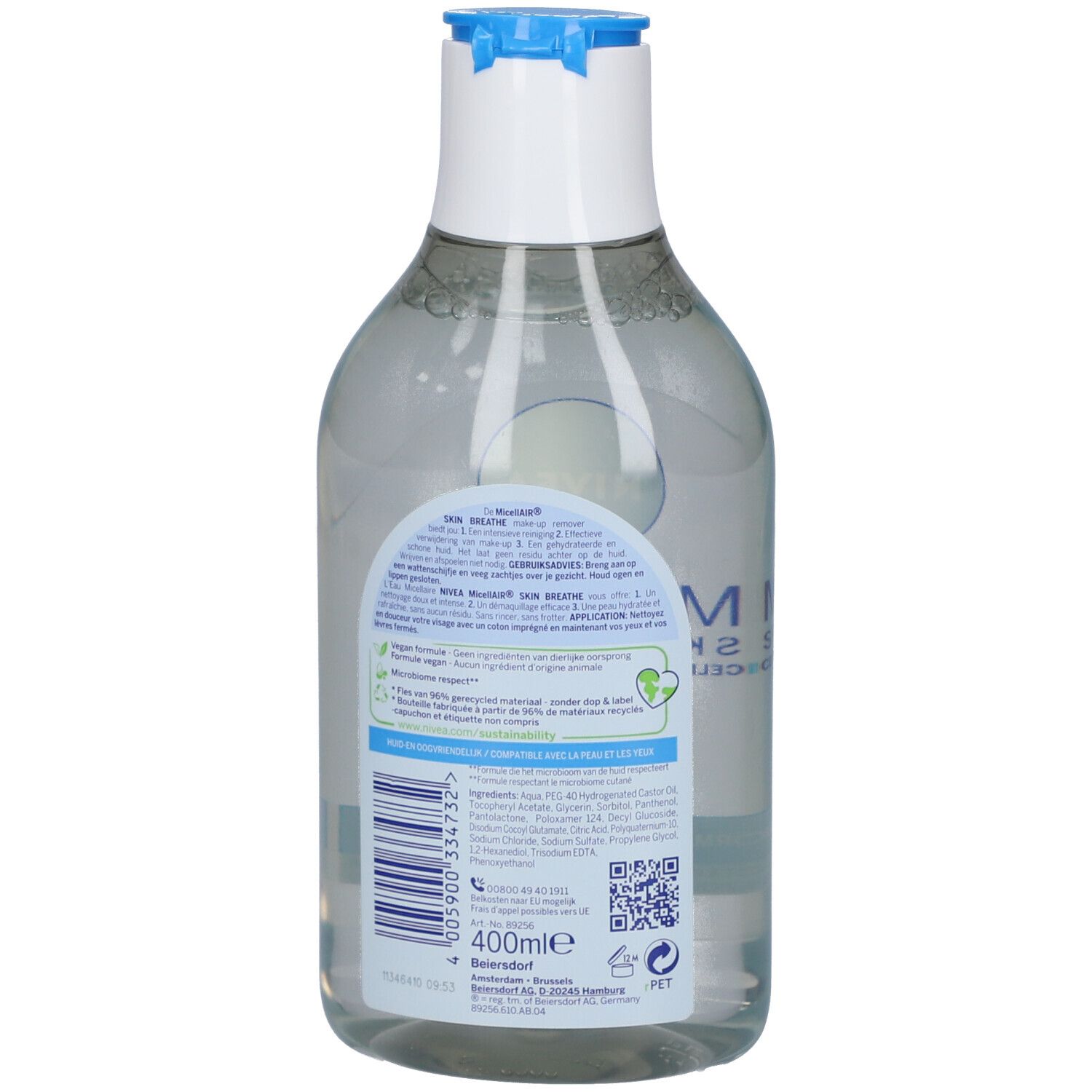 Rückseite einer NIVEA MicellAIR Mizellenwasser Flasche mit Inhaltsstoffen und Anwendungshinweisen.
