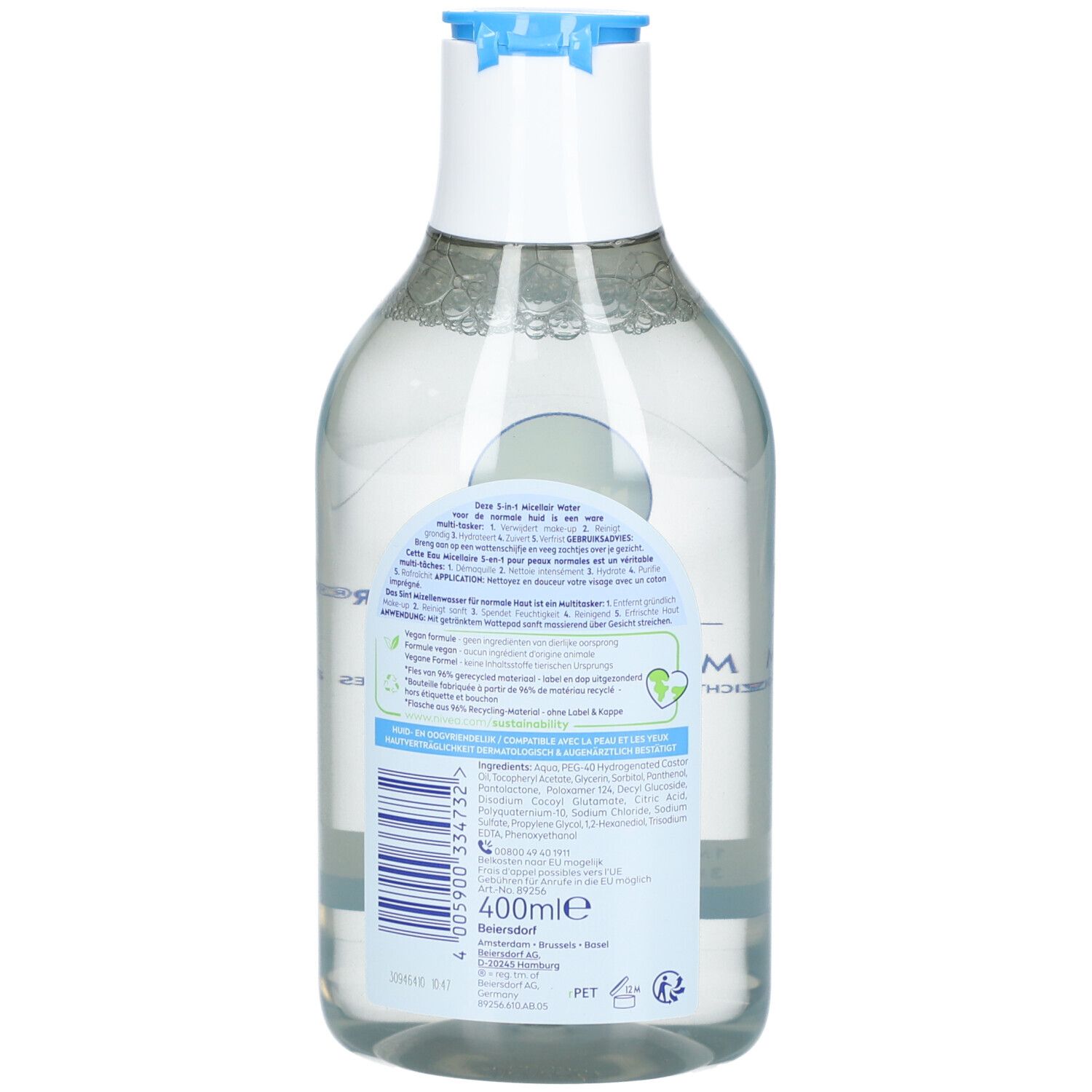 Rückseite einer NIVEA MicellAIR Mizellenwasser Flasche mit Barcode und Volumenangabe 400ml.