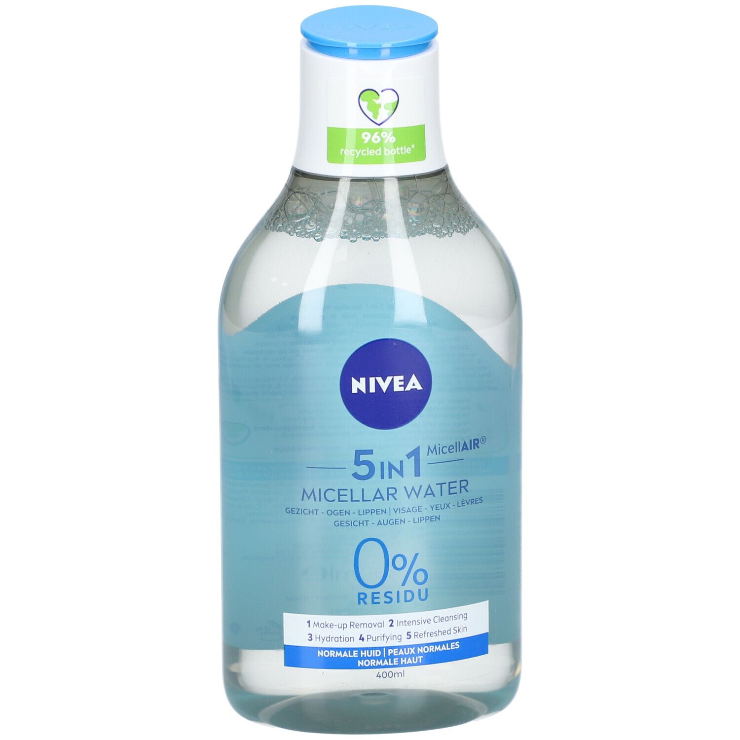 NIVEA MicellAIR Mizellenwasser Flasche, 5in1, 0% Rückstände, für normale Haut, 400ml.