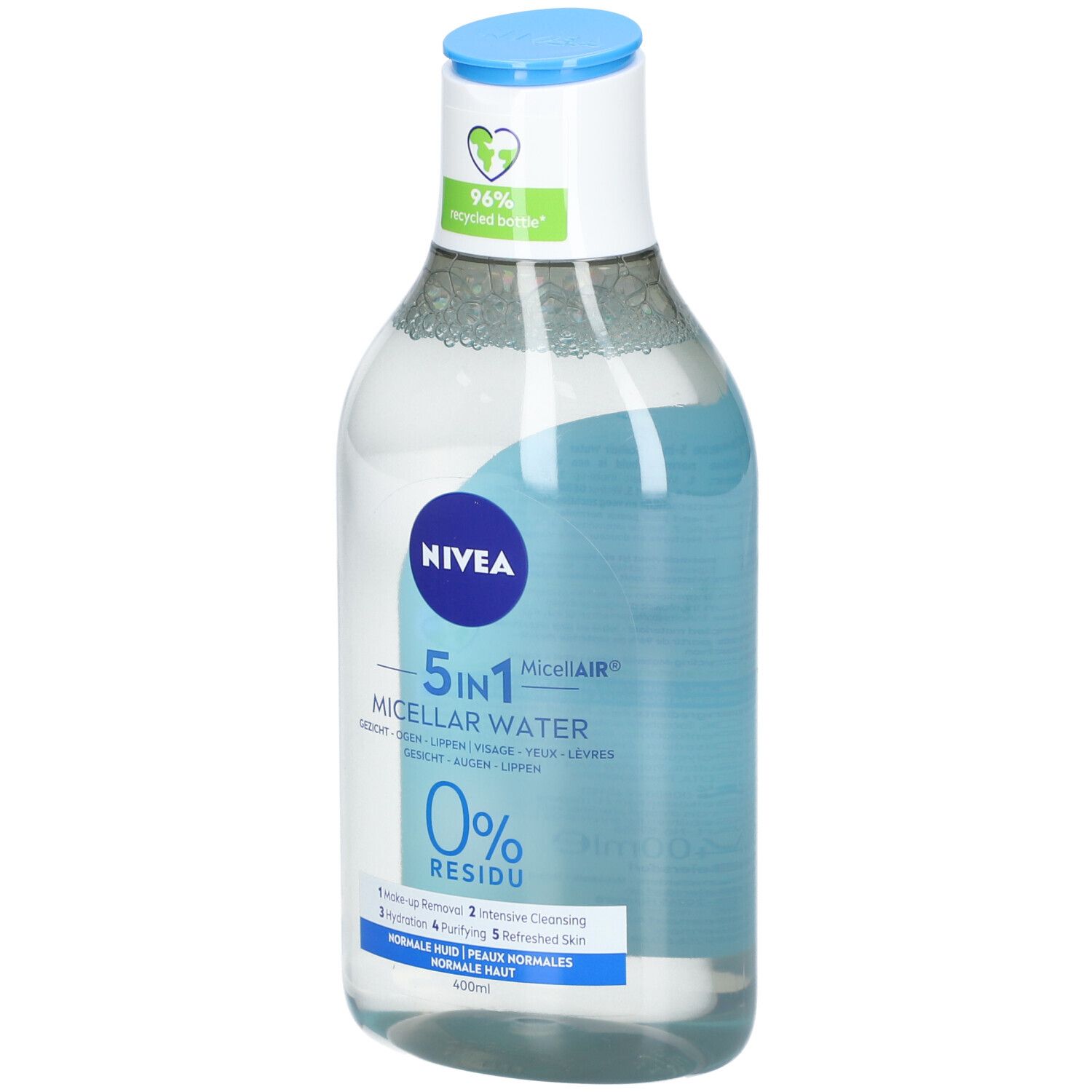 NIVEA MicellAIR Mizellenwasser Flasche, 5in1, 0% Rückstände, für normale Haut, 400ml.