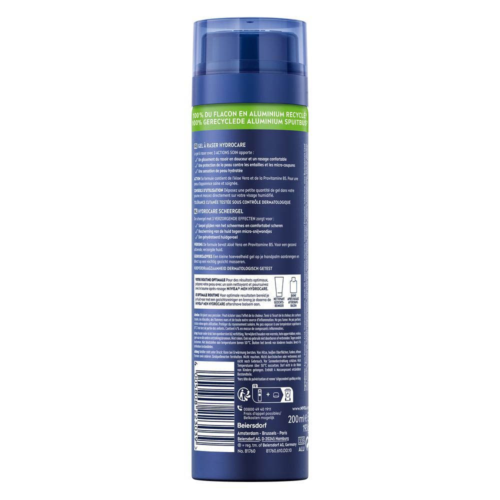 Dos du flacon bleu de gel à raser NIVEA MEN HYDROCARE. Texte, 200ml. Flacon en aluminium 100% recyclé.