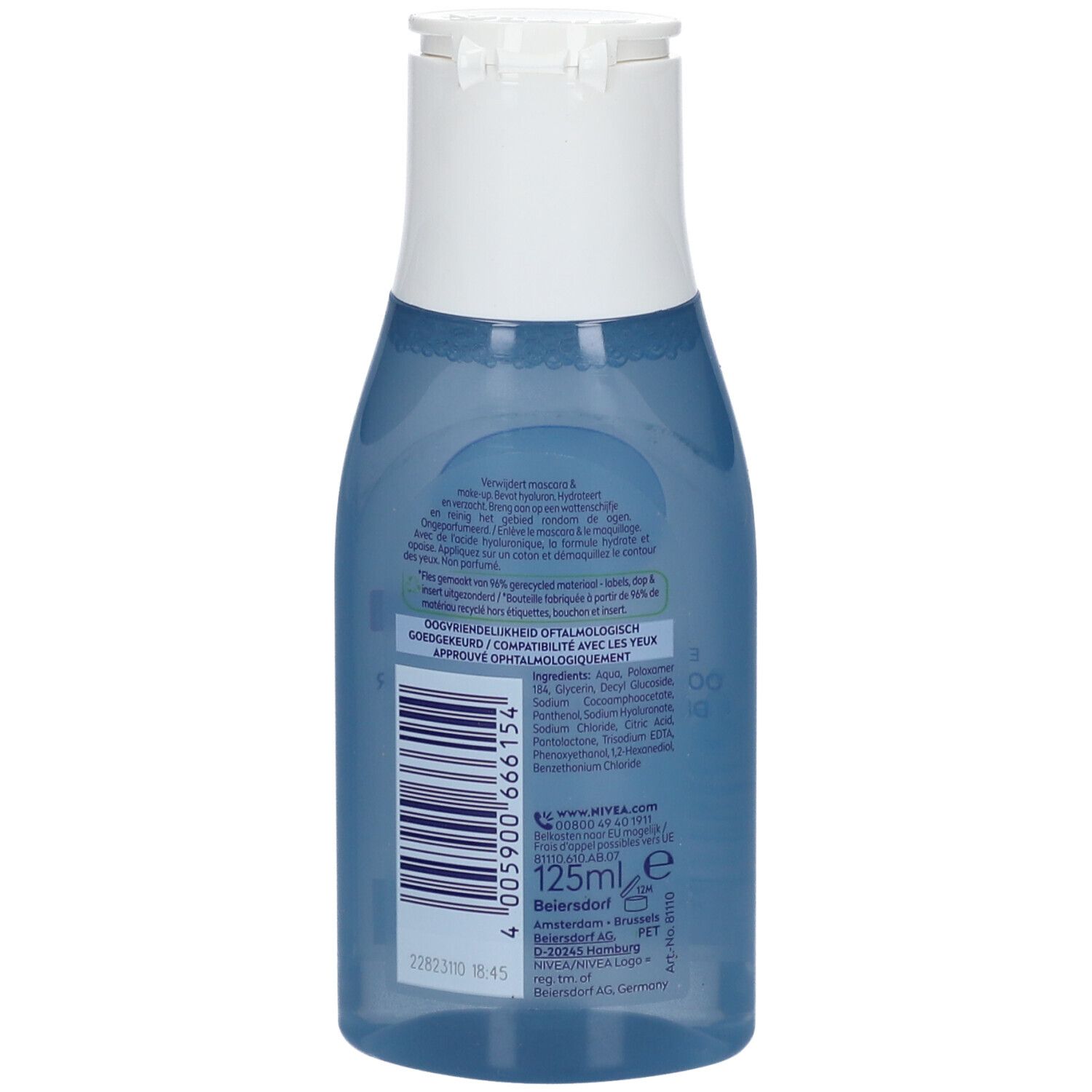 NIVEA Sanfter Augen-Make-up-Entferner, Rückseite mit Inhaltsstoffen und Barcode.