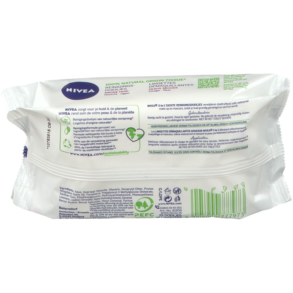 Rückseite der NIVEA 3-in-1 Sanfte Reinigungstücher Verpackung mit Inhaltsstoffen und Anwendungshinweisen.