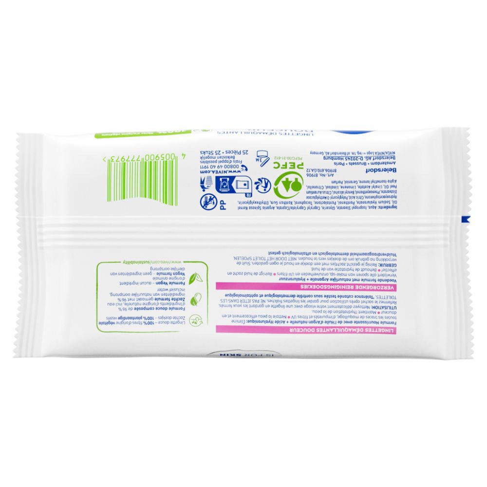 Dos de l'emballage des lingettes démaquillantes NIVEA 3-en-1, avec instructions et informations écologiques.