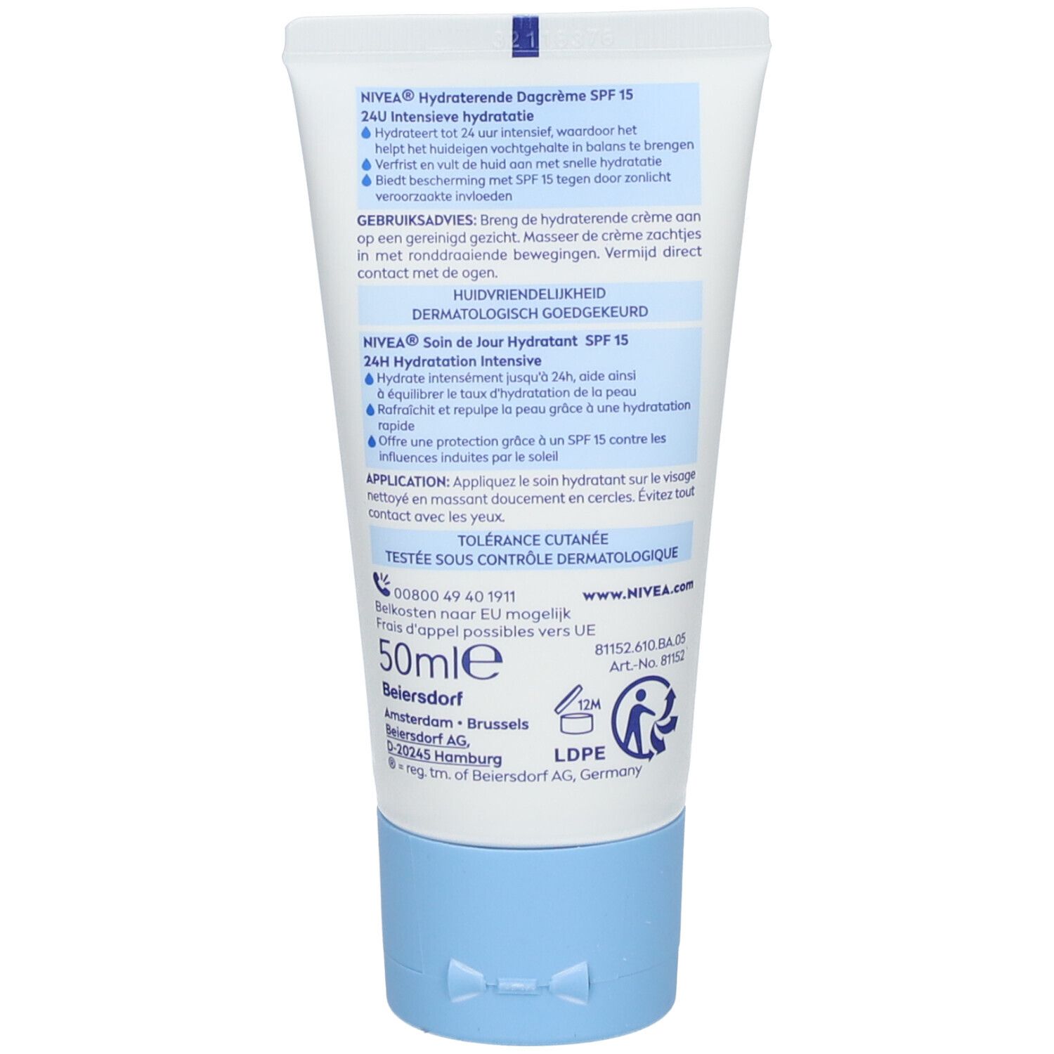 Rückseite einer NIVEA Tagespflege Tube mit Anwendungshinweisen und Inhaltsstoffen.