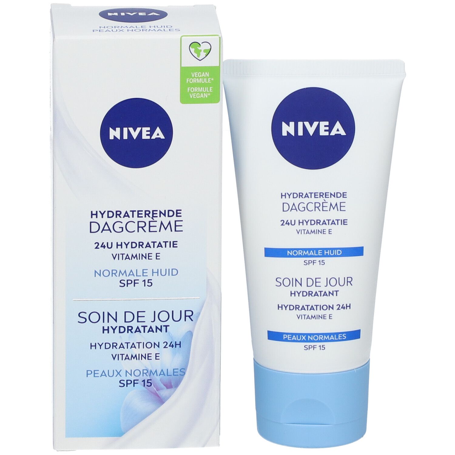 NIVEA Tagespflege Faltschachtel und Tube. Mit Siegel für vegane Formel.