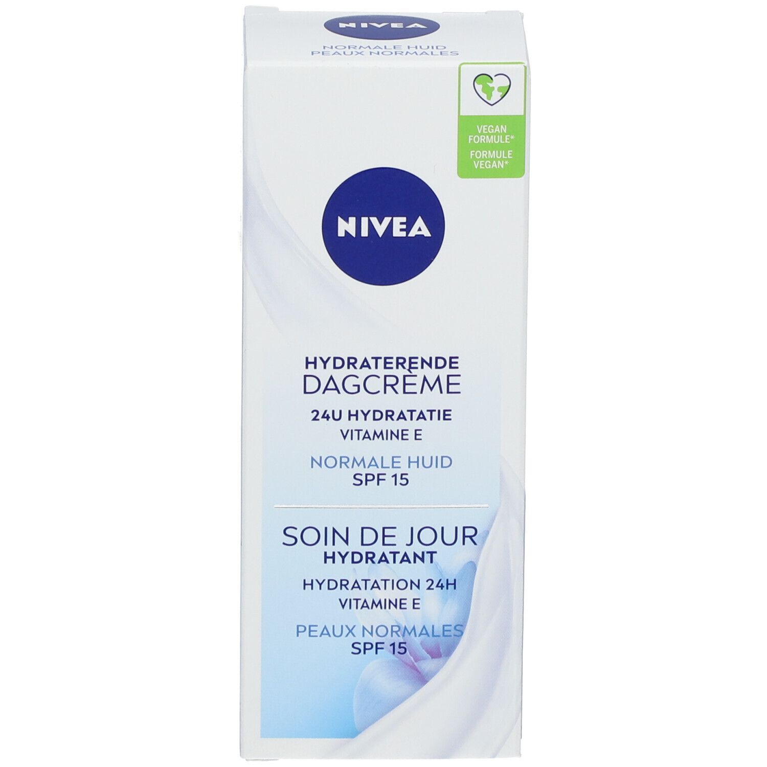 NIVEA Tagespflege Faltschachtel mit blauem Deckel und Siegel für vegane Formel.