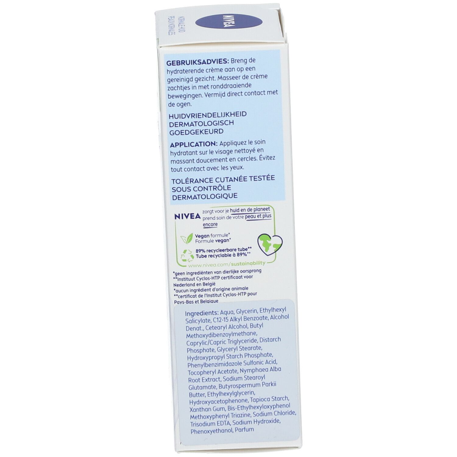 NIVEA Tagespflege Faltschachtel mit blauem Deckel. Enthält Aloe Vera, Hyaluronsäure, SPF 15.