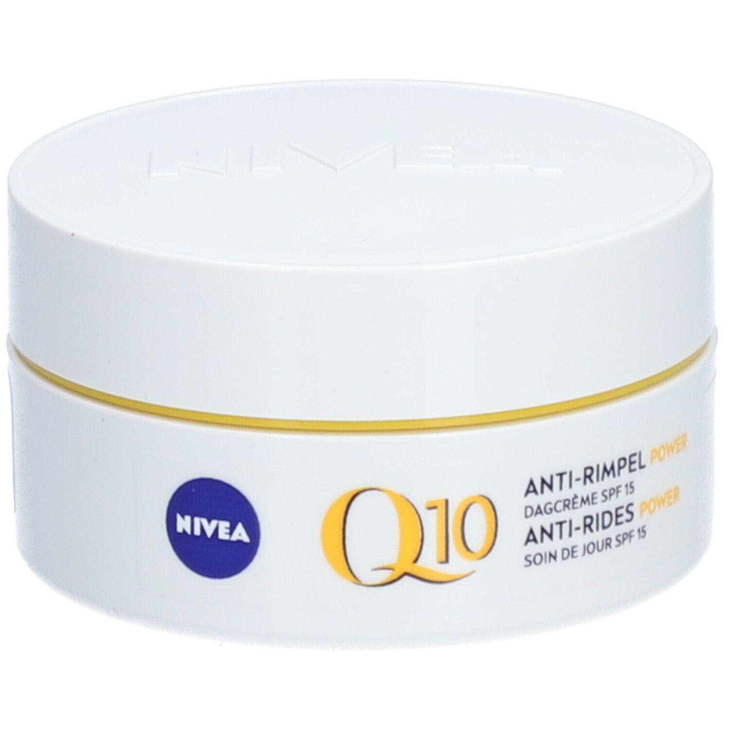 NIVEA Q10 Power Anti-Falten Tagescreme SPF15, weißer Tiegel mit gelbem Ring und Beschriftung.