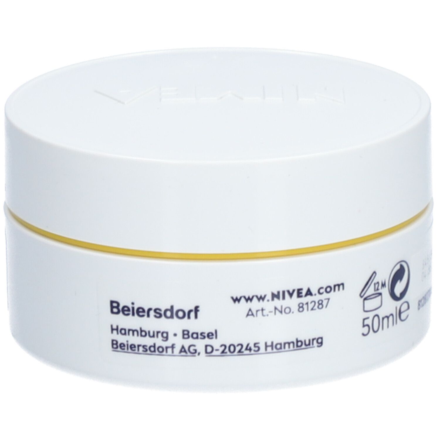Seite eines weißen Tiegels NIVEA Q10 Power mit Herstellerangaben und 50ml Angabe.