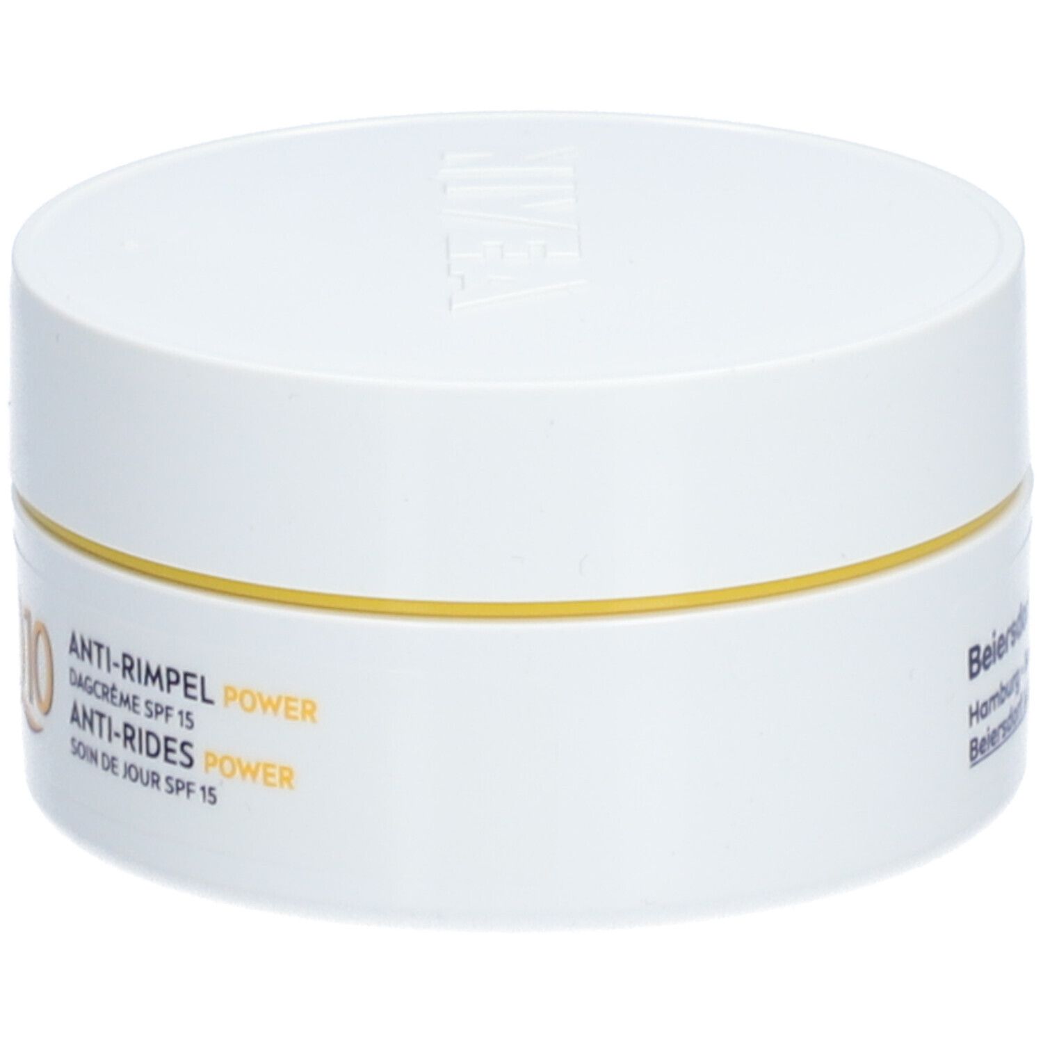 NIVEA Q10 Power Anti-Falten Tagescreme SPF15, weißer Tiegel mit gelbem Ring und Beschriftung.