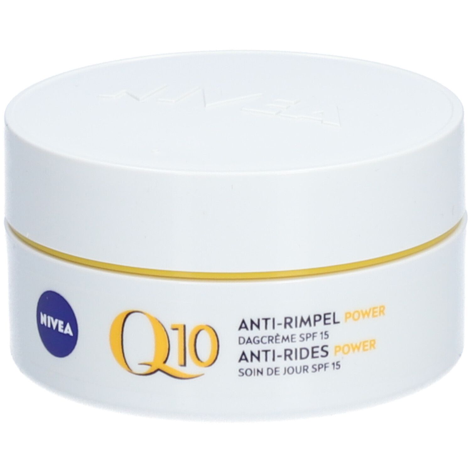 NIVEA Q10 Power Anti-Falten Tagescreme SPF15, weißer Tiegel mit gelbem Ring und Beschriftung.