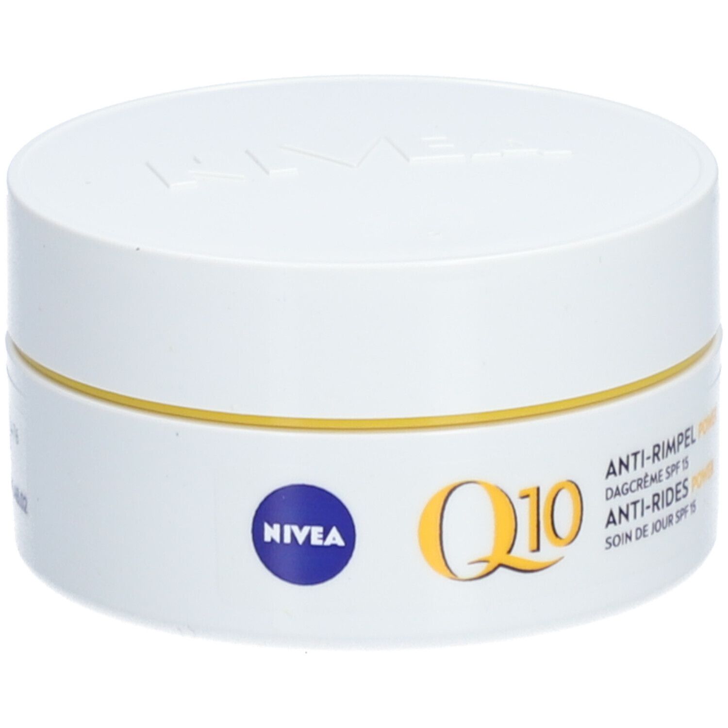 NIVEA Q10 Power Anti-Falten Tagescreme SPF15, weißer Tiegel mit gelbem Ring und Beschriftung.