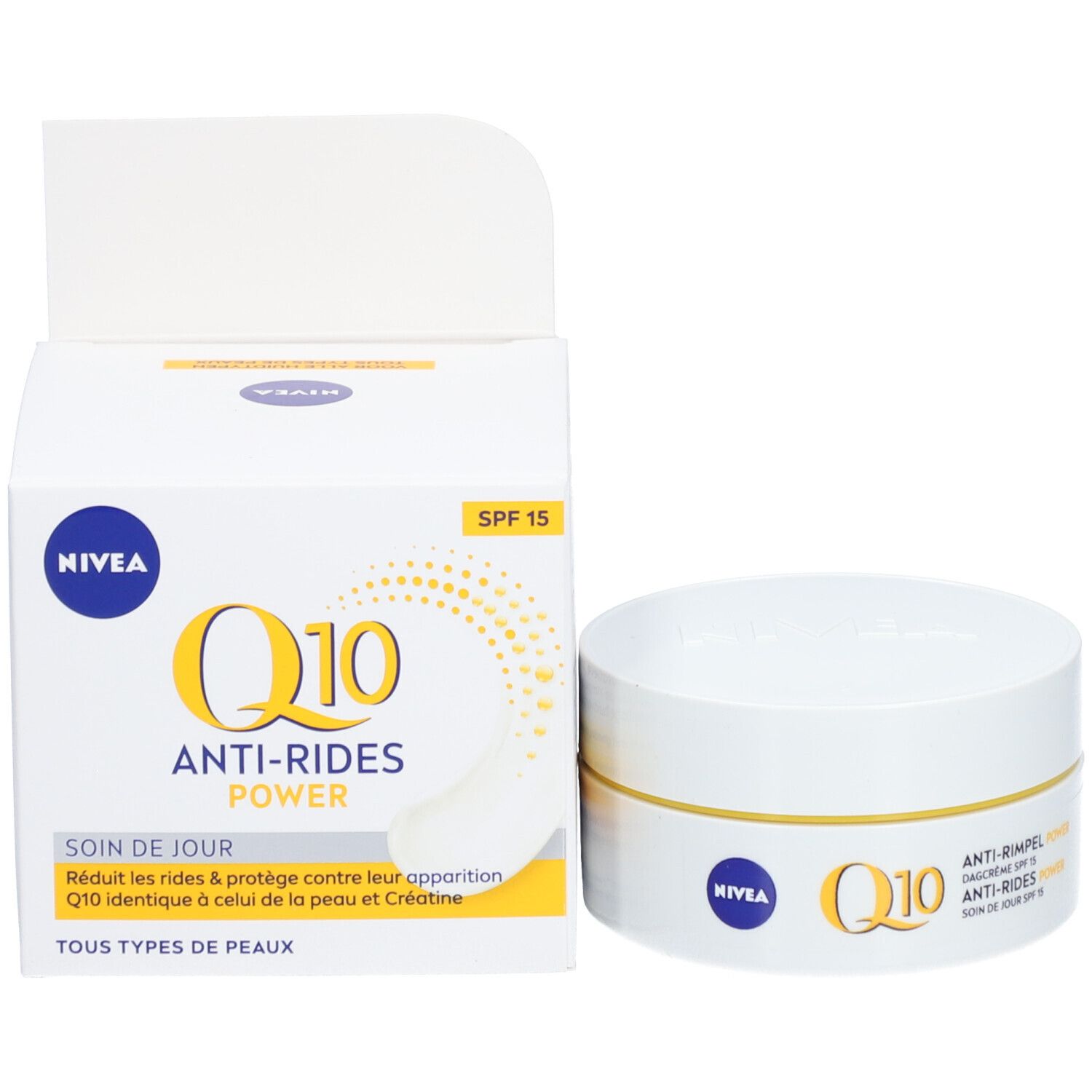 Verpackung NIVEA Q10 Power Anti-Falten Tagescreme SPF15, 50ml, mit 'Neue Formel' und '7 Tage'.