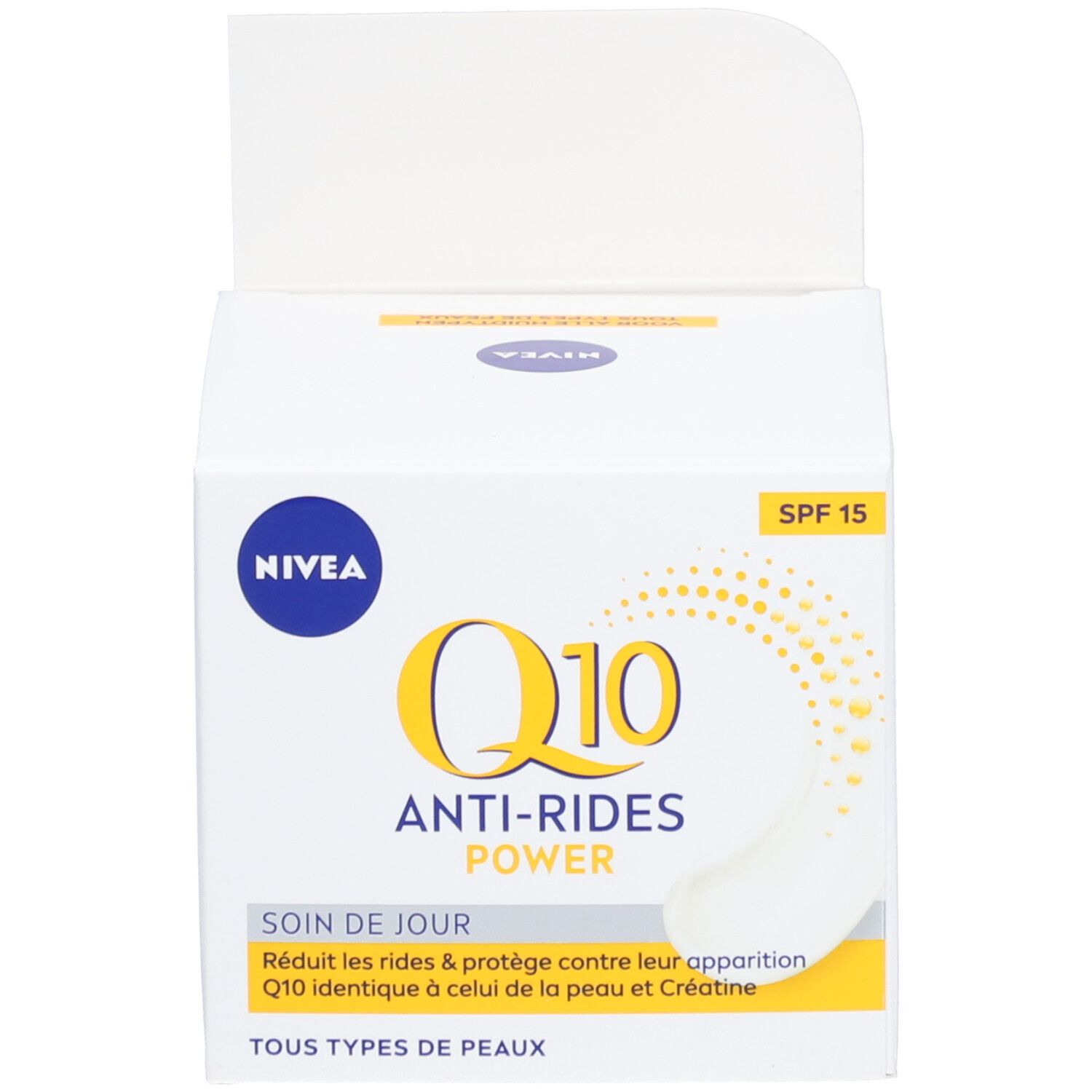 NIVEA Q10 Power Anti-Falten Tagescreme SPF15, weißer Tiegel mit gelbem Ring und Beschriftung.