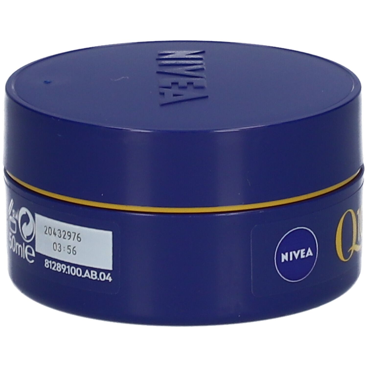NIVEA Q10 POWER Anti-Falten Nachtcreme mit geöffnetem Karton. Karton zeigt 'Verbeterde formule'.