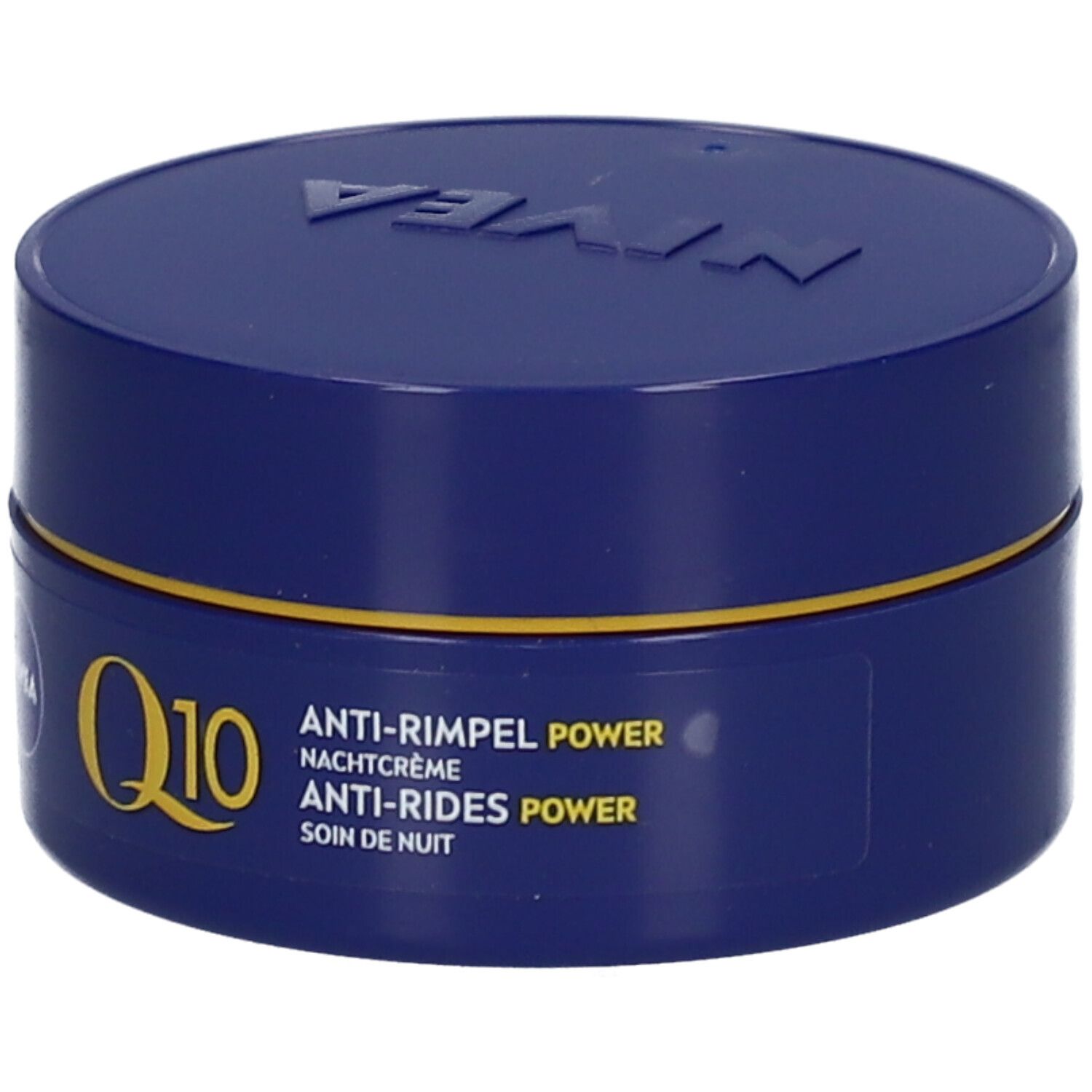 NIVEA Q10 POWER Anti-Falten Nachtcreme mit geöffnetem Karton. Karton zeigt 50ml und 'Voor alle huidtypen'.