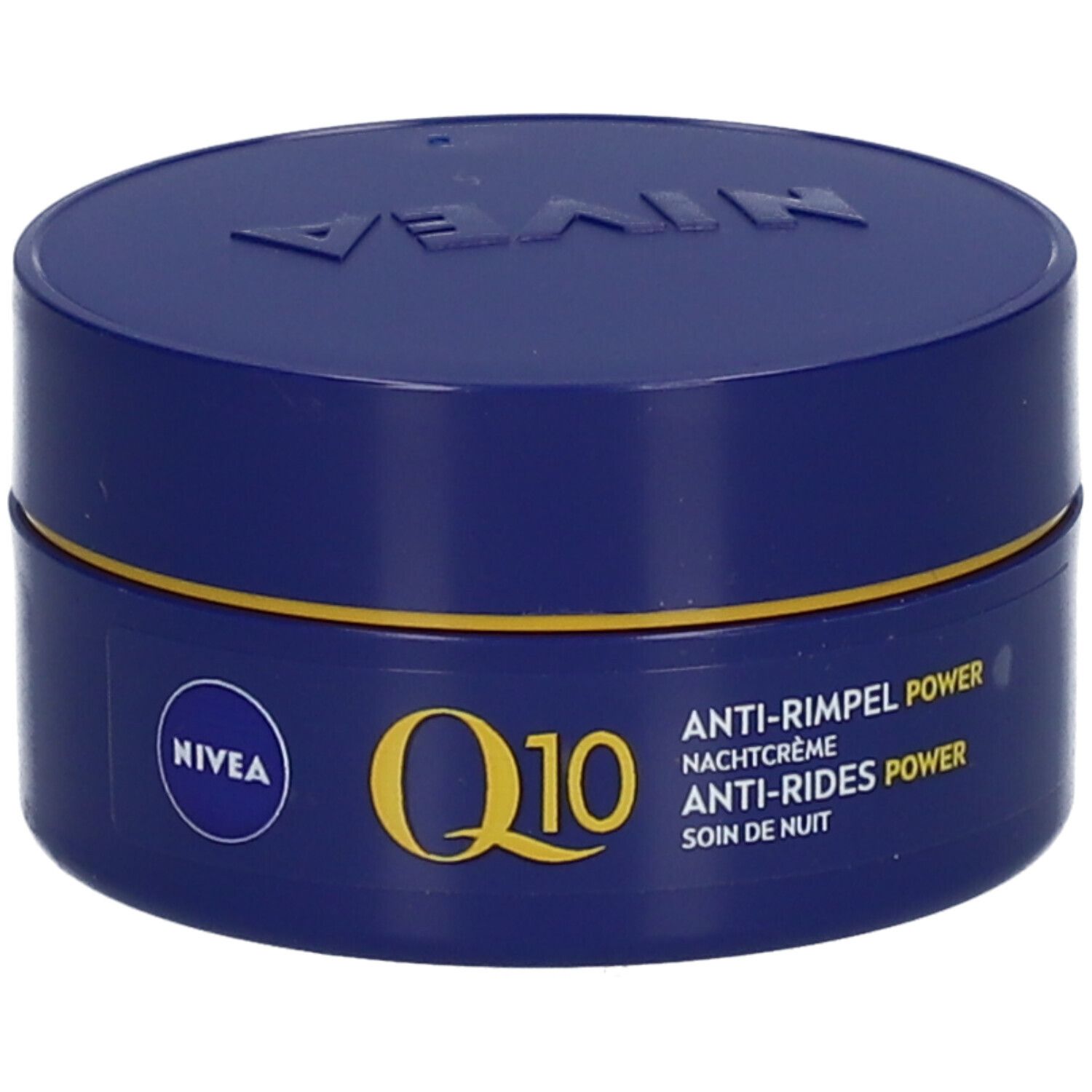NIVEA Q10 POWER Anti-Falten Nachtcreme mit geöffnetem Karton. Karton zeigt 'Regenererende nachtcrème'.